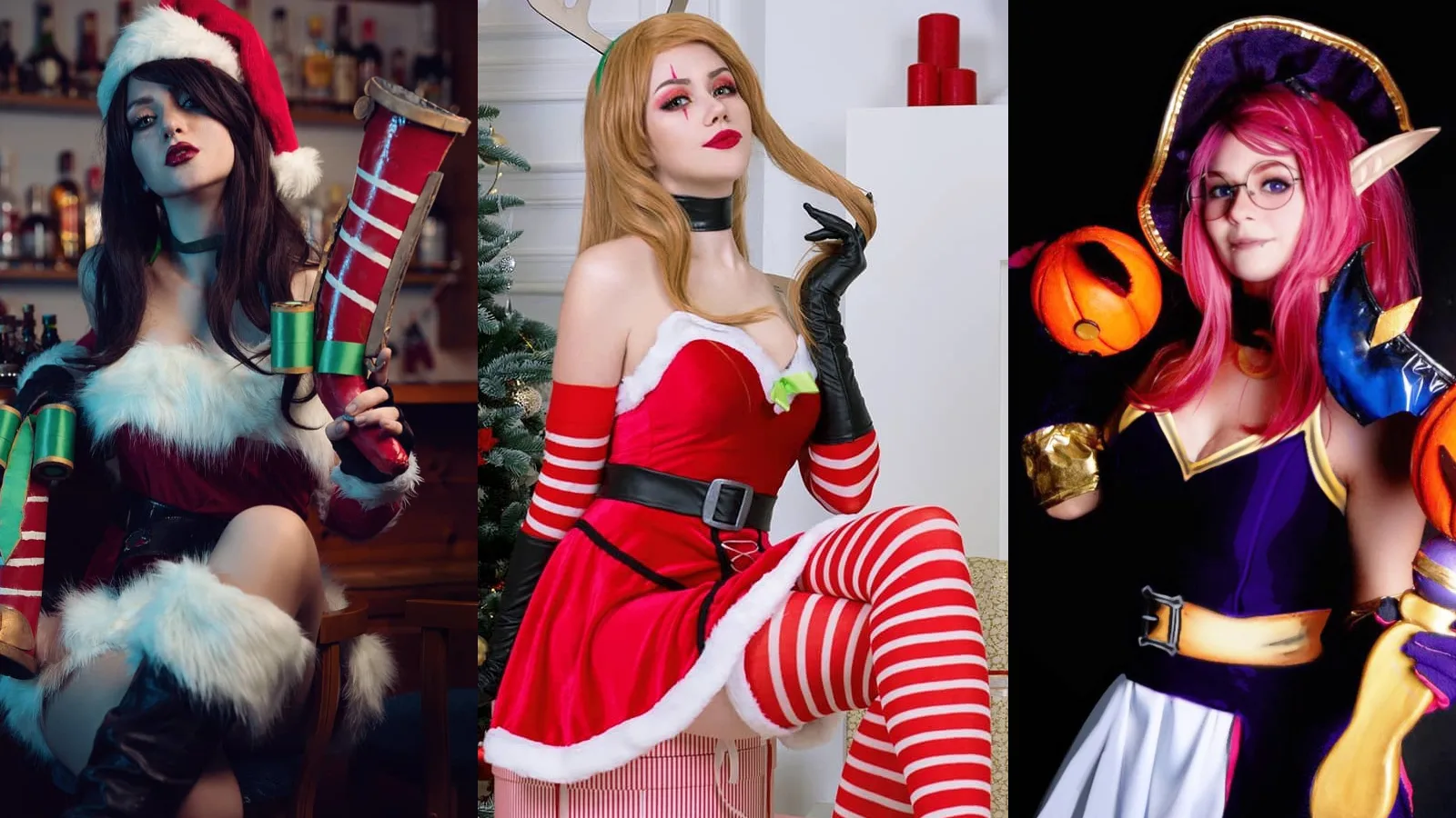 Cosplays Femininos de LoL - League of Legends - Janna Feiticeira - Katarina Noite Infeliz e Miss Fortune Natalina