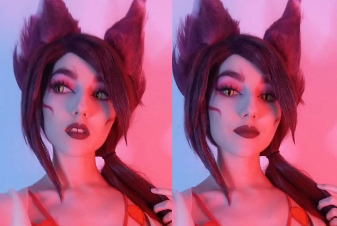 Cosplay da Xayah temática do Dia dos Namorados, de LoL (com selfies) Xayah Cosplay Selfie de Dia dos Namorados - Valentine's Day - League of Legends LoL - Topo