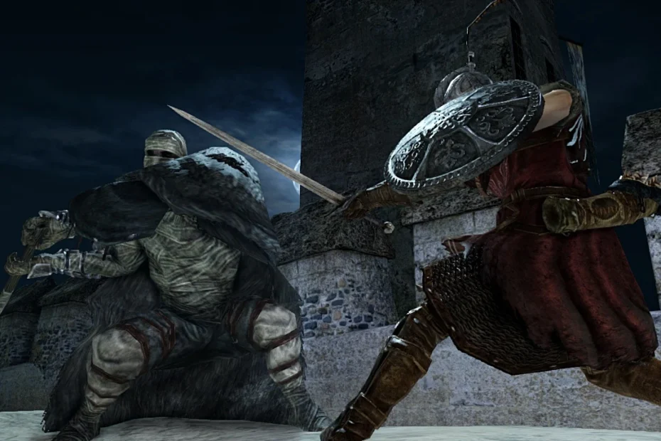 Dark Souls II - Batalha em cenário noturno sobre o luar