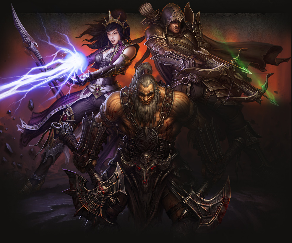 Diablo III Key Art - Bárbaro, Caçador de Demônios e Arcanista