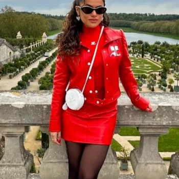 Look de Maisa Silva com jaqueta de couro e saia vermelha capa 01