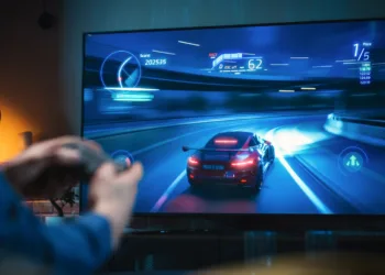 Close Up on Man's Hands at Home, Sitting on a Couch in Stylish Loft Apartment and Playing Arcade Car Video Games on Console. Male Using Controller to Play Street Racing Drift Simulator.
