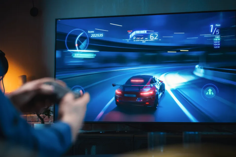Close Up on Man's Hands at Home, Sitting on a Couch in Stylish Loft Apartment and Playing Arcade Car Video Games on Console. Male Using Controller to Play Street Racing Drift Simulator.