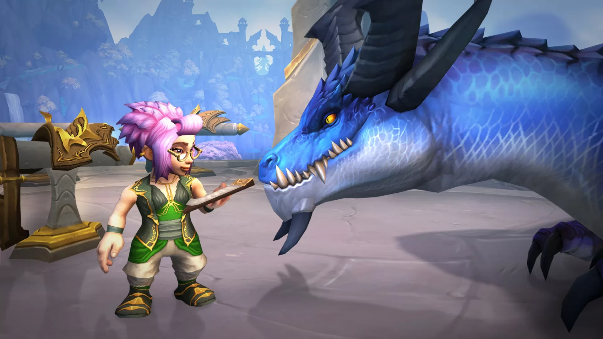 World of Warcraft Dragonflight - Wallpaper Blue Dragon and Gnome