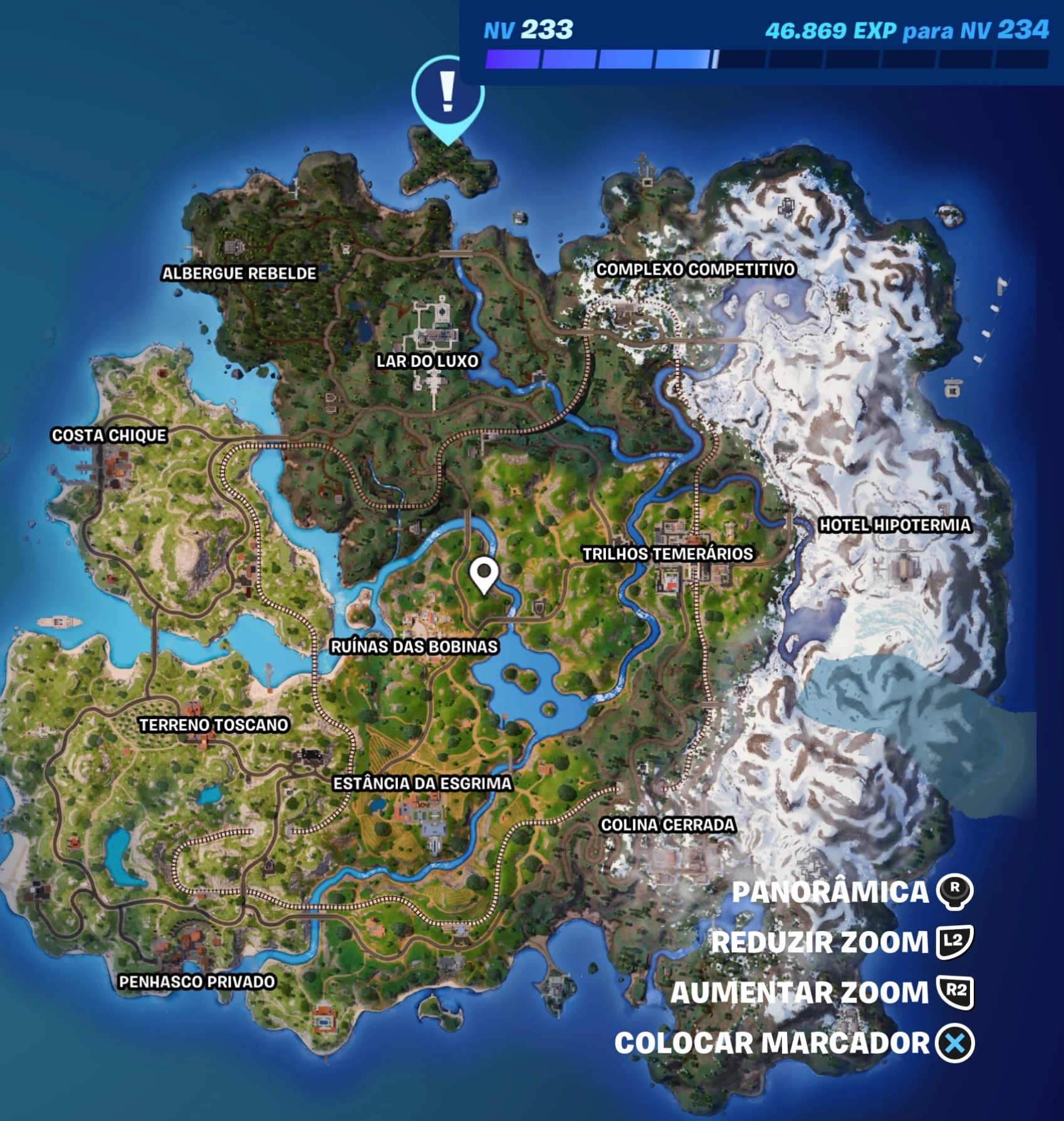 Fortnite - Mapa com a localização do Solid Snake na ilha - Capítulo 5