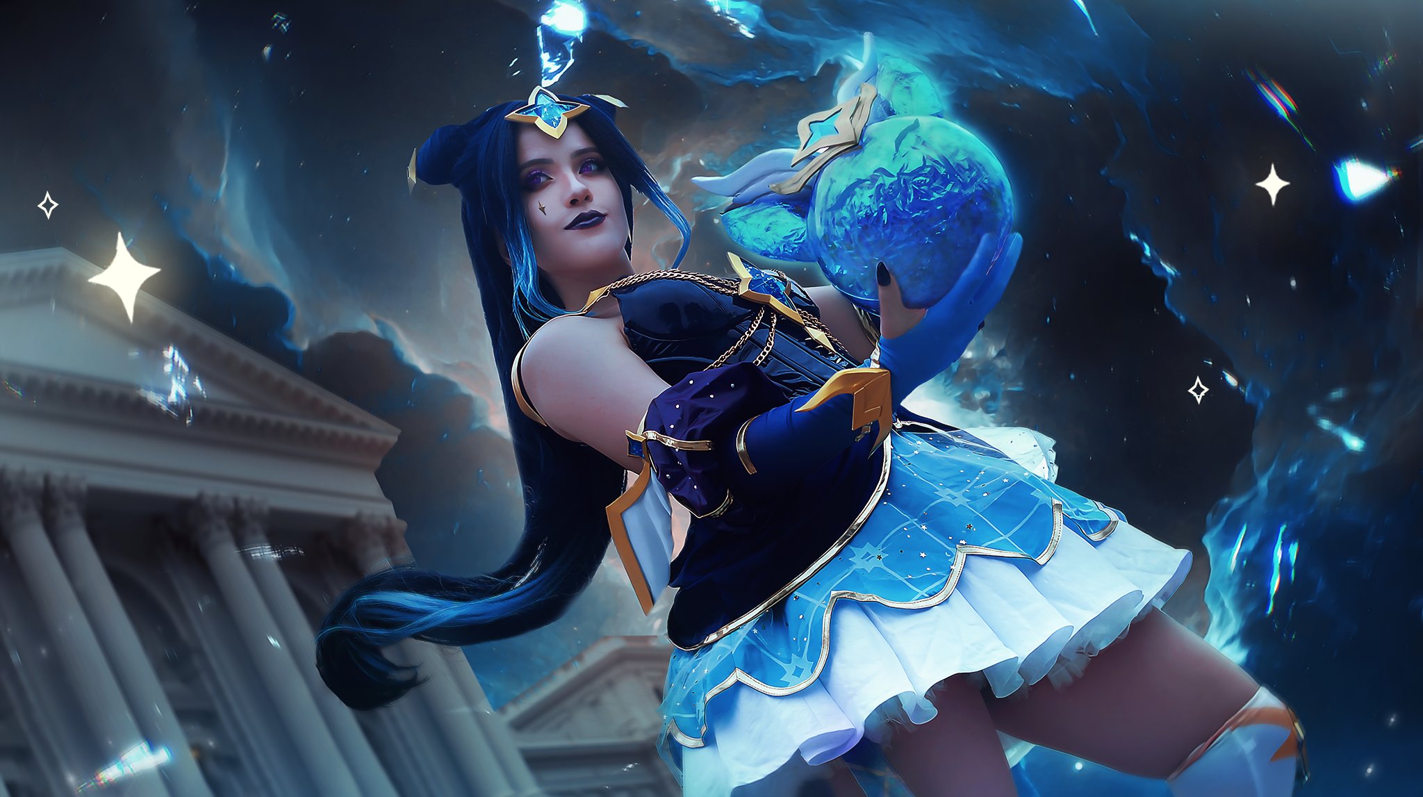 Belo cosplay da Syndra Guardiã Estelar de Prestígio, de League of Legends