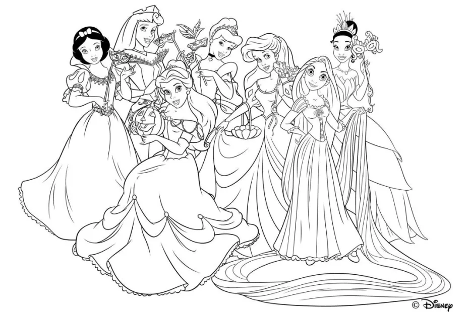 Capa Desenhos das Princesas Disney juntas pra colorir 07 - Rapunzel, Ariel, Branca de Neve, Rapunzel, Princesa Tiana, Cinderella