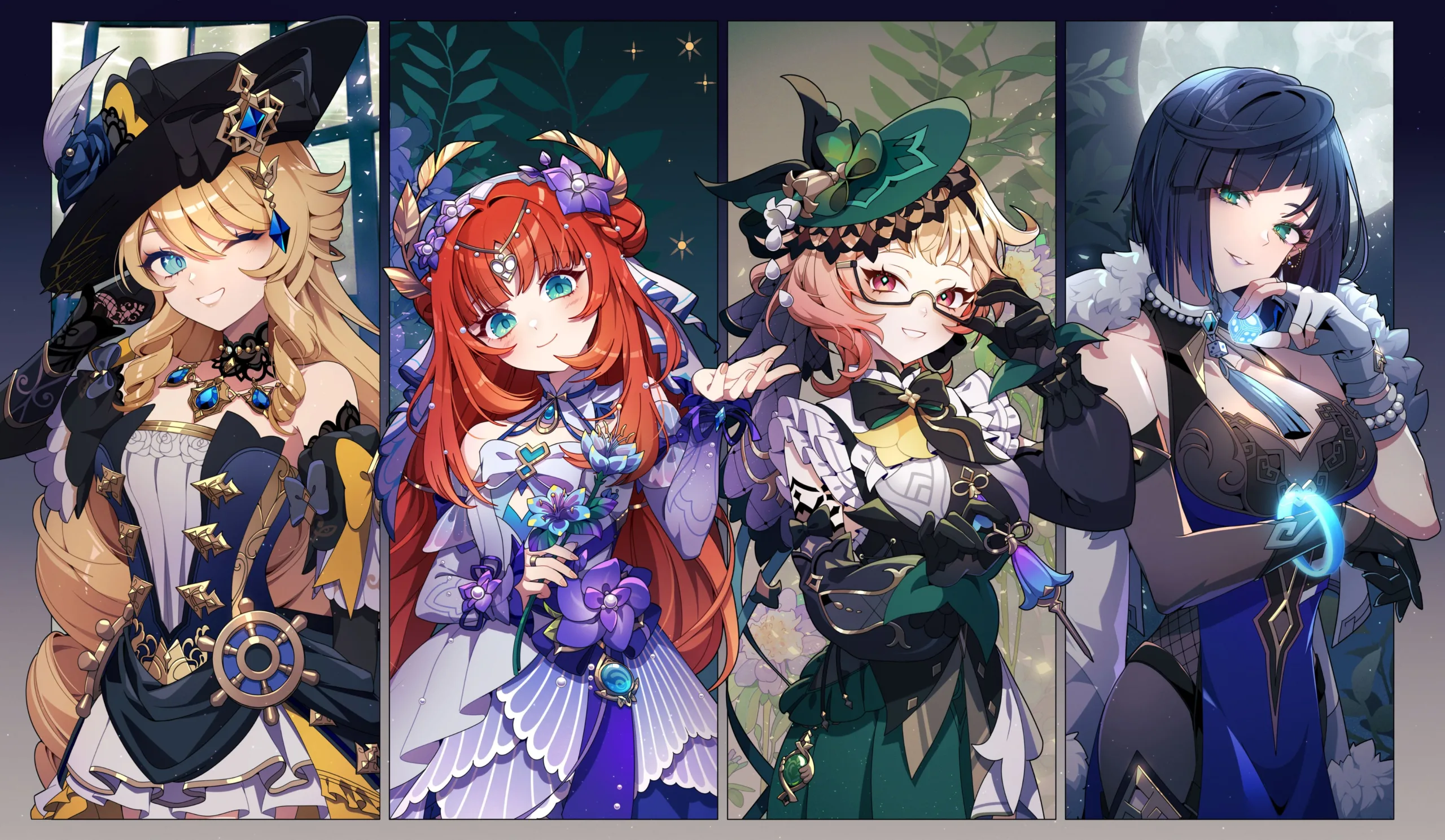 Wallpaper de Genshin Impact com Navia, Nilou, Emilie e Yelan