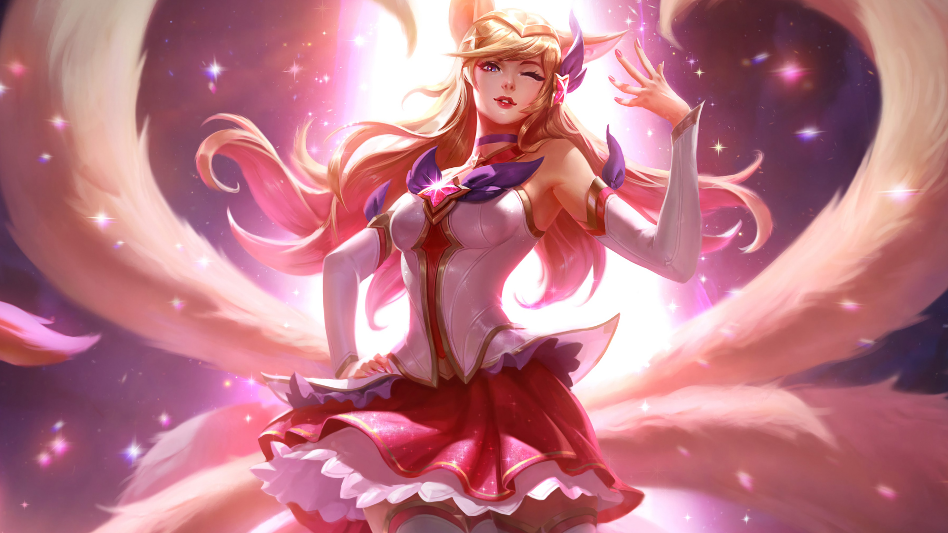 Ahri Guardiã Estelar - Wallpaper Papel de Parede Full HD de League of Legends - LoL - Vestido Branco e Rosa