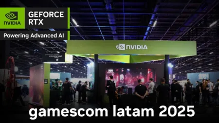 Estande da NVIDIA GeForce RTX com o slogan ‘Powering Advanced AI’ na Gamescom Latam 2025, mostrando visitantes interagindo com tecnologia de IA avançada