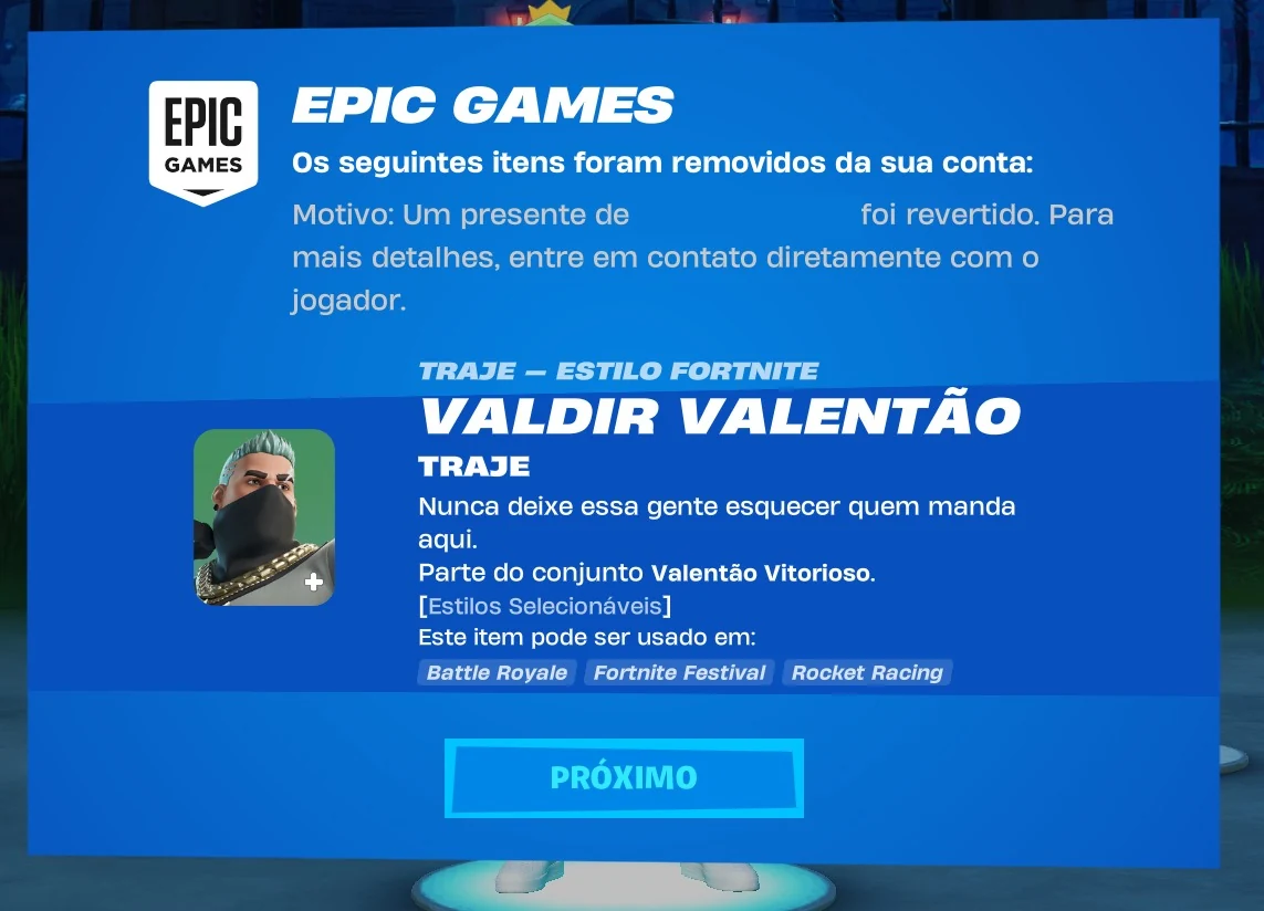 Fortnite removendo skins da conta