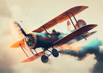 An old fashioned biplane performing a stunt mid air
