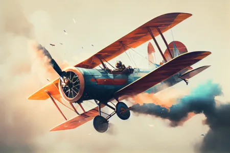 An old fashioned biplane performing a stunt mid air