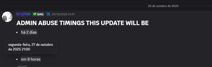 Admin Abuse Plants vs Brainrots horário hoje