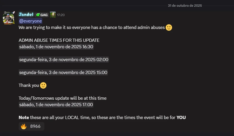 Horas evento Plants vs Brainrots Jandel - Início de Novembro